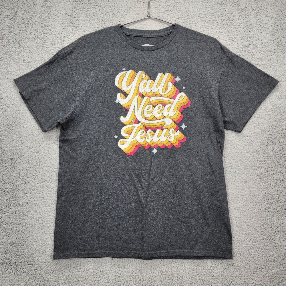 DOM Y'all Need Jesus Graphic T-Shirt‎ Womens Large Gray Retro Religious Tee